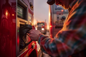 Fototapeta premium A man is using a gas pump to fill his truck with fuel, holding a fuel card and inserting it into the payment terminal