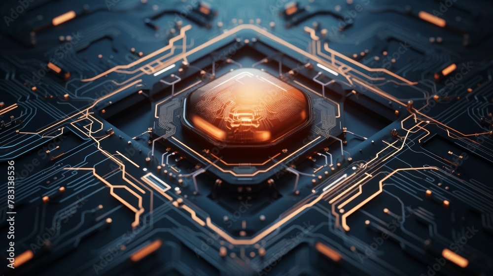 Poster generative ai top-down view of a futuristic computerized brain, depicting circuits and nodes resembl