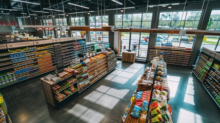 A high-angle view of a bustling grocery store interior with neatly organized aisles brimming with a variety of food products - obrazy, fototapety, plakaty