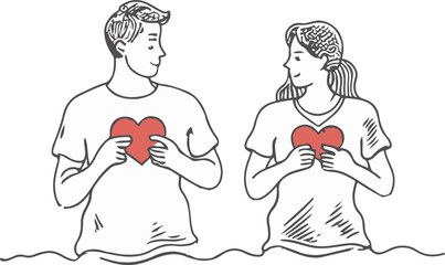line drawing illustration pf couple holding red hearts