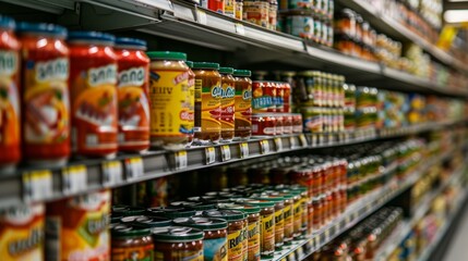 A grocery store aisle packed with neatly stacked cans and jars filled with various canned foods