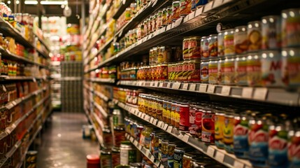 A view of a supermarket aisle packed with neatly arranged canned and jarred foods, displaying a wide variety of products - obrazy, fototapety, plakaty