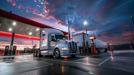 A semi truck looms over the fuel pumps as it is parked at a gas station - obrazy, fototapety, plakaty
