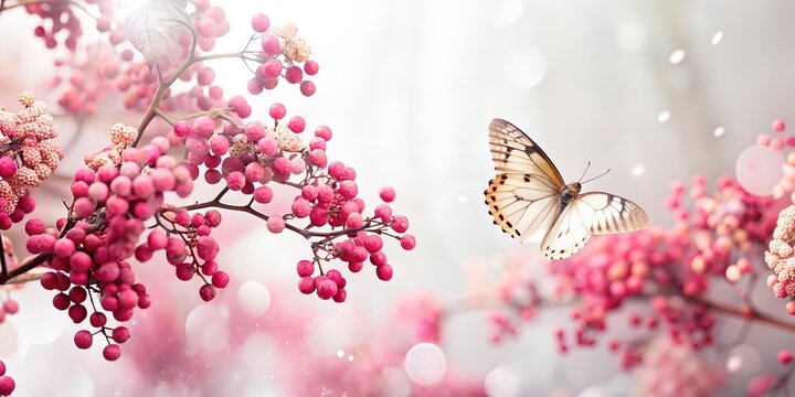 Abstraction on a pink background of plants and butterflies flying generated, beautiful background image