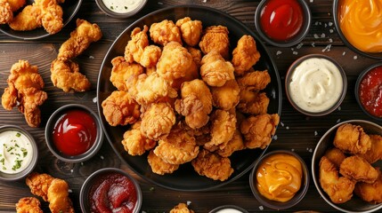 A table featuring an assortment of different types of food, including crispy chicken nuggets and various dipping sauces