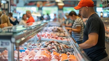 A man browsing the meat and seafood counter with natural lighting illuminating the display cases - obrazy, fototapety, plakaty