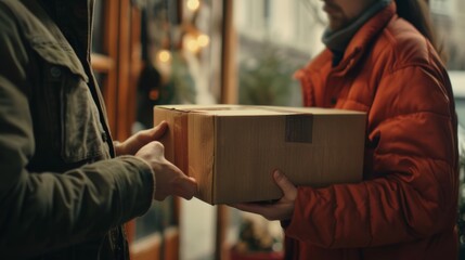 Over-the-shoulder view of customer receiving parcel from delivery person, capturing interaction from customers perspective