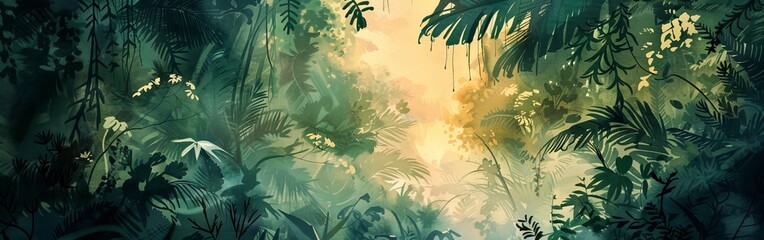 A lush green jungle with a bright yellow sun shining through the trees