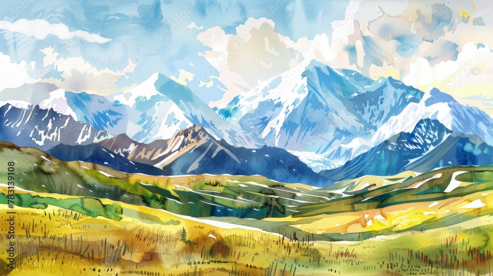 Poster a painting of a mountain range with a clear blue sky. the mountains are covered in snow and the sky 