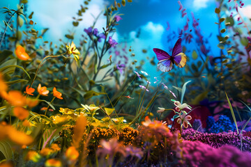 Fototapeta na wymiar A colorful field of flowers with a blue sky in the background. The flowers are of various colors, including yellow, purple, and pink. Concept of joy and beauty. Generative AI