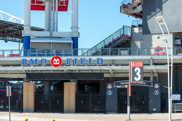 Fototapeta premium south facing sign for BMO Field an outdoor stadium located at Exhibition Place in Toronto, Canada (MLS, CFL sporting events venue)
