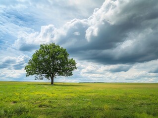 Serene Landscape with Lone Tree and Dramatic Cloudy Sky - Tranquil Meadow, Vibrant Green Tree, Atmospheric Clouds, Peaceful Solitude - Nature Stock Photo