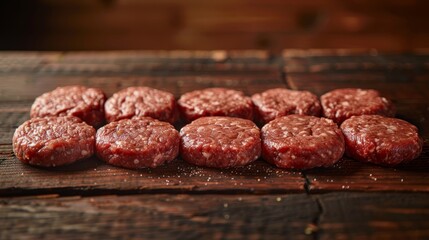 Several raw hamburger patties arranged in a row on a dark wooden table