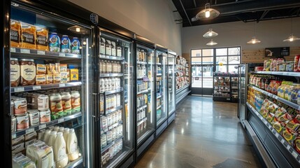 A grocery store aisle filled with fresh produce, meat, dairy products, and beverages, with customers browsing and employees restocking shelves. Natural light illuminates the abundance of food - obrazy, fototapety, plakaty