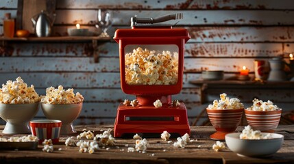 A side view of a vintage popcorn popper on a wooden table surrounded by bowls filled with freshly popped popcorn