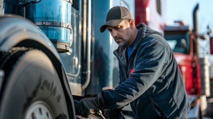 A man in work attire is seen changing a tire on a large semitruck in an industrial setting, focusing on safety protocols