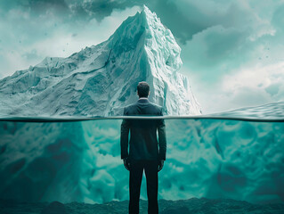 A focused businessman in a suit stands and looking at massive iceberg ahead, symbolizing the unseen challenges and potential risks in his business journey 
