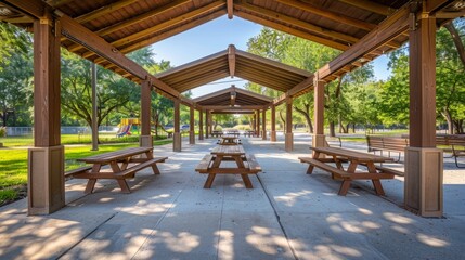 A wide shot of a covered picnic pavilion filled with picnic tables and benches, providing a comfortable space for larger gatherings