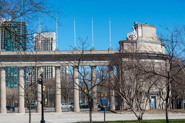 Fototapeta premium west facing (south wing) of Princes' Gates, a historical landmark, located at 11 Princes' Boulevard eastern gateway of Exhibition Place in Toronto, Canada