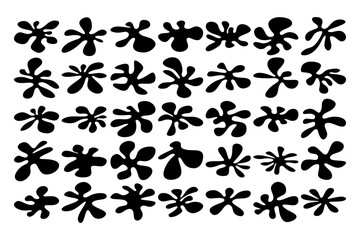 Collection of various black abstract shapes, watercolor and ink spills, floral patterns. Hand drawn flat vector illustration.