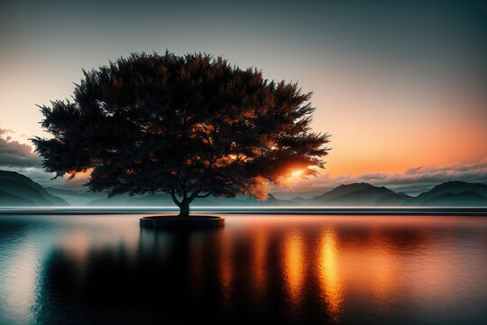A lone tree standing on a small island in the middle of a lake at sunset.