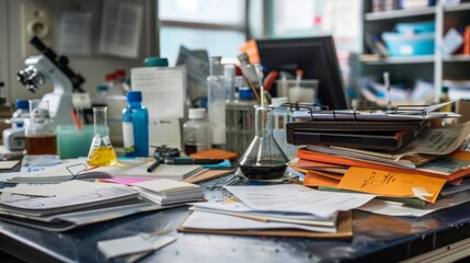 Cluttered laboratory bench filled with equipment and research papers - obrazy, fototapety, plakaty