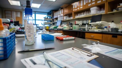 Wide-angle view of a cluttered laboratory bench with a bottle of liquid and a pen placed on it, amidst research papers - obrazy, fototapety, plakaty