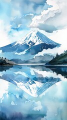 A watercolor painting depicting a mountain mirroring its image in the calm waters below. The...