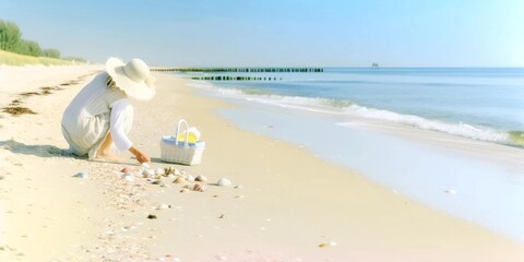 Fototapeta na wymiar Woman Collecting Seashells on Sunny Beach 