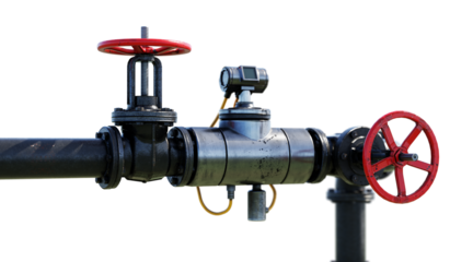 Red and black industrial valves on metal pipeline