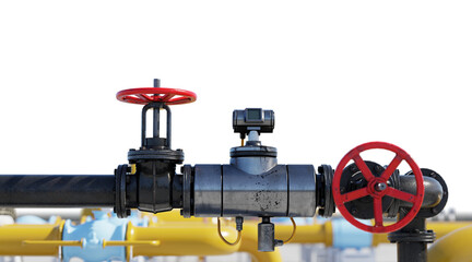 Industrial gas valves with pipes on transparent background