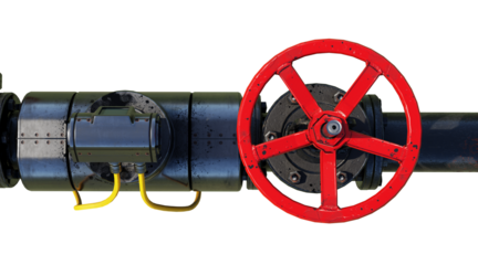 Side view of industrial pipeline with red wheel valves. Isolated on transparent background