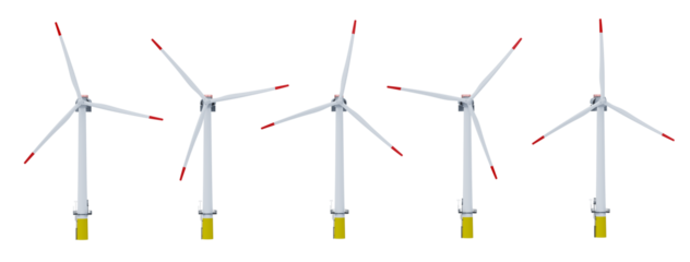 Set of white wind turbines isolated on transparent background