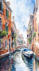 Fototapeta na wymiar A realistic painting depicting boats sailing along a canal in Venice. The scene captures the essence of city life and transportation on the water.