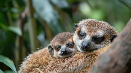 Affectionate Meerkat Mother and Offspring Cuddling in Lush Savanna