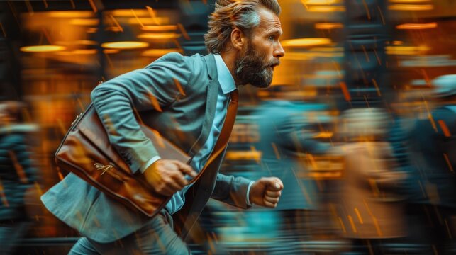 Businessman in suit with beard running through busy city street on a sunny day with blurred motion background