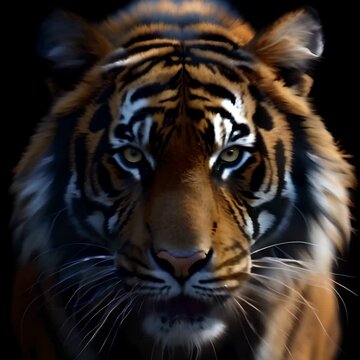 AI created close-up of a fierce tiger's face with piercing eyes and detailed fur. no people. generative AI
