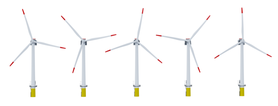 Set of white wind turbines isolated on transparent background