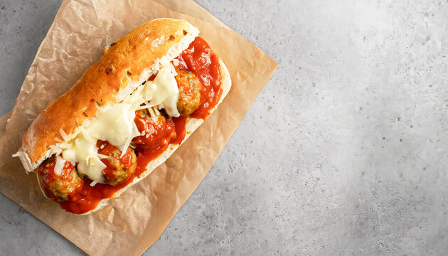 meatball dish, meatball sandwich. top view shot of meatball sub sandwich with cheese and marinara tomato sauce, copy space