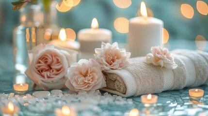 Fototapeta na wymiar Serene Spa Inspired Arrangement with Candles Roses and Soft Towels for a Moment of Relaxation and Pampering