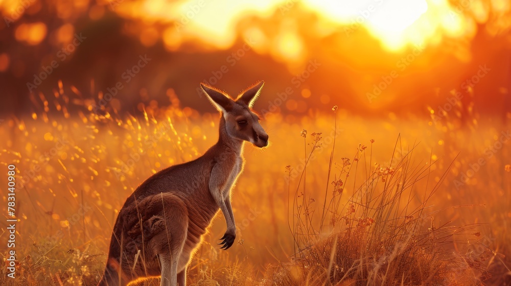 Aufkleber a kangaroo stands in a field of tall grass. the sun is setting, casting a warm glow over the scene. 