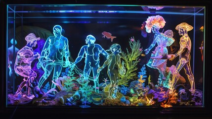 Aquarium montage of people having fun, neon shop window with animated people and strange figures