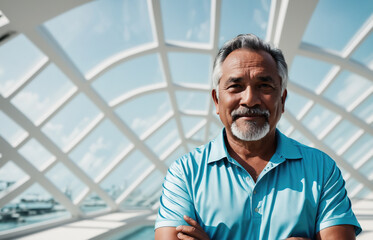 A man standing in front of a large window with an open view of the city outside.