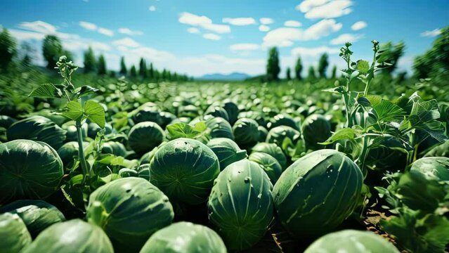 Fresh natural green watermelons on a bed in a field. Concept natural healthy eco food and farming