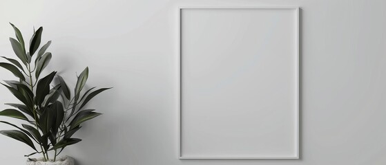 White rectangular vertical frame hanging on a white wall mockup
