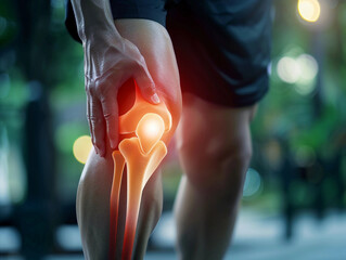 man holding his knee and the superimposed 3D illustration highlights the knee joint in red, indicating pain or inflammation.  - obrazy, fototapety, plakaty