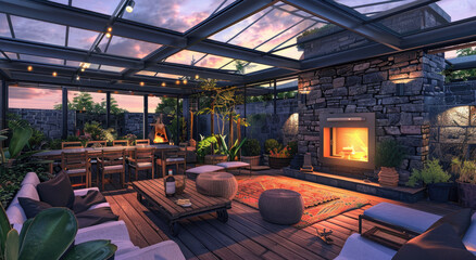 an ultra realistic and detailed photo of an outdoor wooden terrace with modern glass roof, there is fireplace in the corner, garden furniture around it, plants on each side - obrazy, fototapety, plakaty
