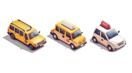 Car icon with shadow and highlight on white background. Yellow taxi sedan and minivan are used to transport freight and passengers.