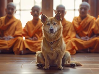 Zen Dog Meditating with Buddhist Monks in Temple, Spiritual Harmony Between Animals and Humans, Peaceful Monastery Scene - obrazy, fototapety, plakaty