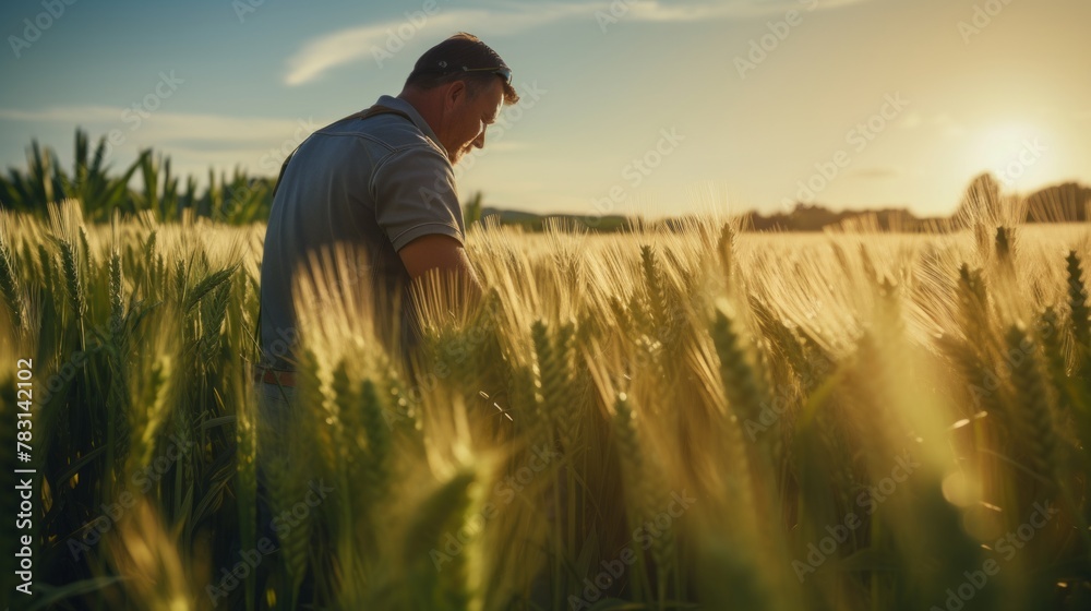 Poster generative ai a farmer inspecting a lush green wheat field, checking the growth progress and quality